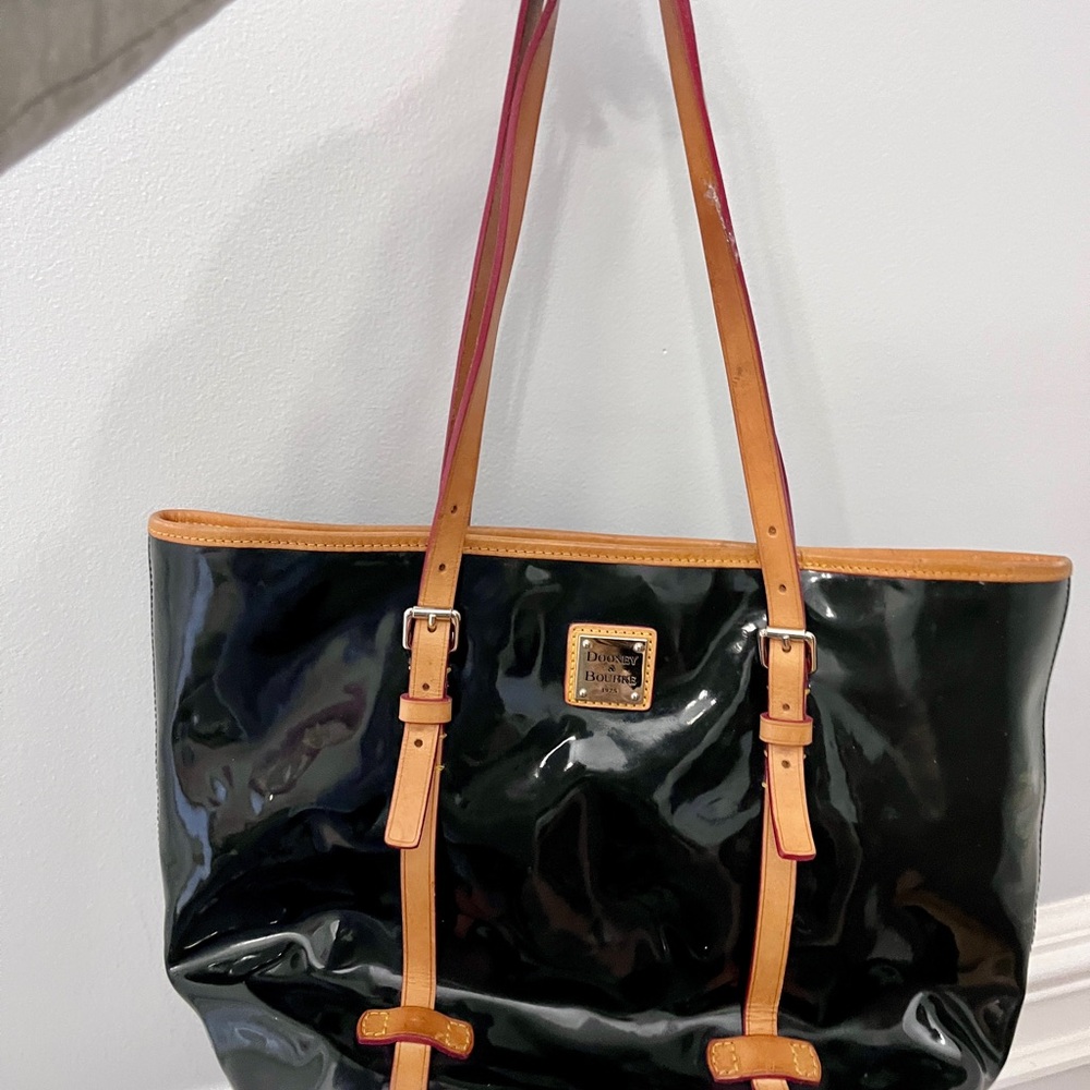 Dooney & Bourke Glossy Black Tote with Tan Straps